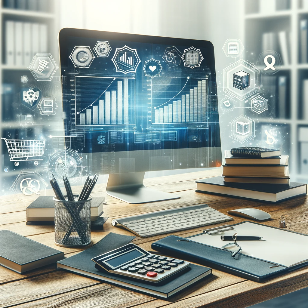 A professional and modern office setting featuring a computer displaying financial charts, accounting books, a calculator, and icons symbolizing e-commerce, such as shopping carts and product boxes. The scene reflects expertise in e-commerce accounting services.