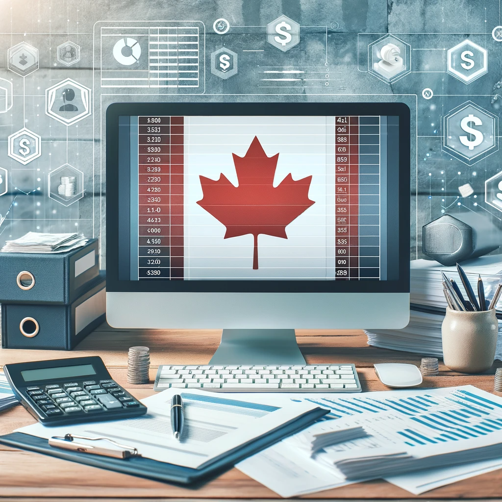 A professional office environment showcasing payroll processing essentials, featuring a computer with payroll software, a calculator, and financial documents. Subtle Canadian symbols like a small flag and a maple leaf design are integrated into the background, representing payroll services in a Canadian context.